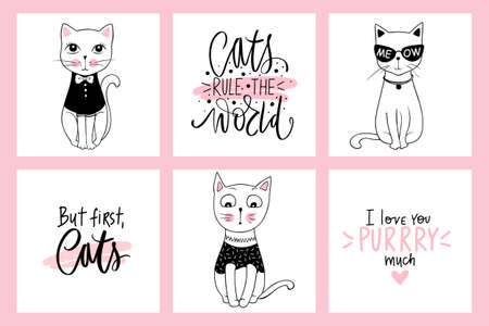 Vector doodle cats illustrations and kitten quotes. Cartoon animals. Cute kitty in sketch style for...