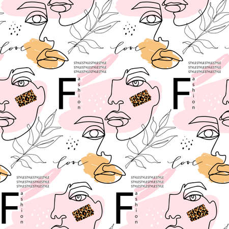Abstract one line seamless pattern. Continuous Outline background with female faces. Modern Woman aesthetic contour. Fashion print. Surreal texture.のイラスト素材