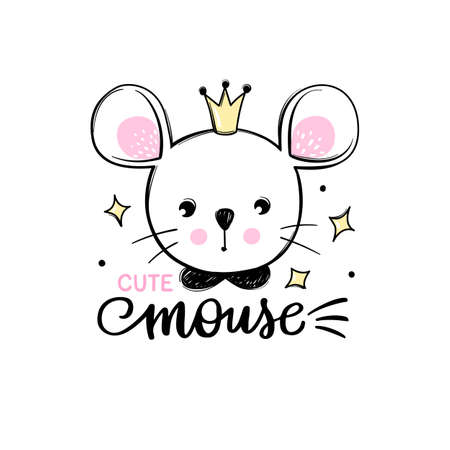 Cute mouse princess with crown isolated on white. Mice illustration. Doodle animal face. Vector character. Hand drawn cartoon Rodent.のイラスト素材