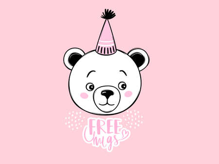 Vector cute teddy bear. Awesome Doodle kids animals print. Funny character. Hand drawn nursery, naive art. Kawaii designのイラスト素材