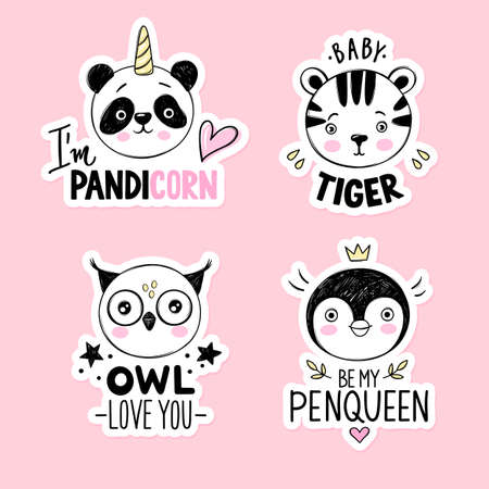 Cute Owl, penguin queen, panda unicorn, baby tiger faces in sketch style. Doodle animals set. Funny quotes, puns.のイラスト素材