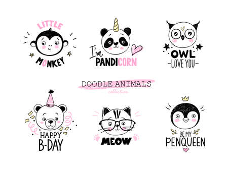 Doodle animals vector set. Owl, cat with glasses, panda unicorn, bear, little monkey, penguin queen facesのイラスト素材