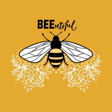 Vector cute bee illustration in flat style. Cartoon flying honey bee character isolated on white background. Funny and positive quote, pun or phrase.のイラスト素材