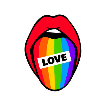 Tongue sticking out with love lettering inscription. Sexy Red lips vector illustration. Female Beautiful mouthのイラスト素材