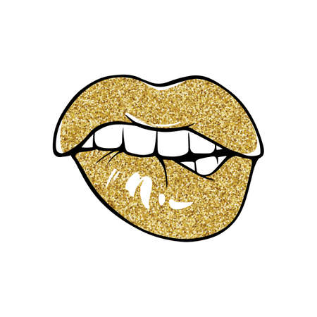 Sexy lips, bite ones lip. Lips Biting. Female lips with golden glitter lipstick.のイラスト素材