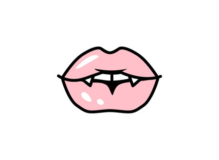 Vector vampire lips. Halloween vector illustration. Mouth with fangs. Pink Female lipsのイラスト素材