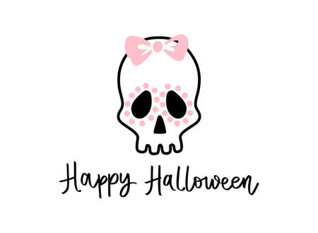 Cute Skull with bow. Happy Halloween character.のイラスト素材