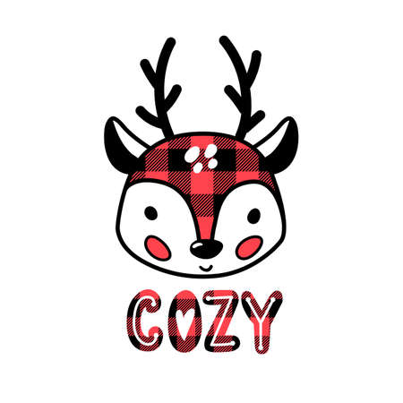 Christmas reindeer, deer or fawn vector illustration with buffalo plaid. Cartoon Christmas designのイラスト素材