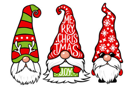 Christmas Gnomes vector set. Christmas quotes. Cute elf isolated on white.のイラスト素材