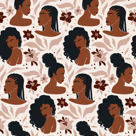 Afro American Woman Vector Illustration Set. Beautiful Girls Dark Skin.のイラスト素材