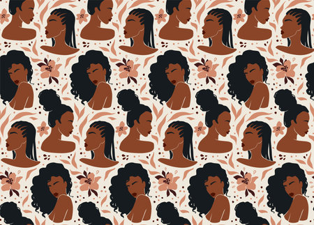 Afro American Woman Vector Illustration Set. Beautiful Girls Dark Skin.のイラスト素材