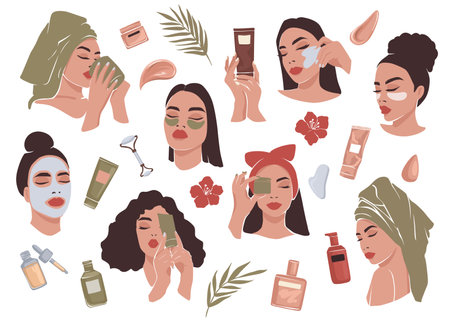 Woman Beauty Vector Set. Skincare Routine. Beautiful Girls with Face Mask, Eye Patches. Cream, Massage Guaのイラスト素材