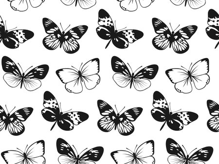 Butterfly Seamless Pattern. Decorative Fly Insect Background. Black and White Botanical Textureのイラスト素材