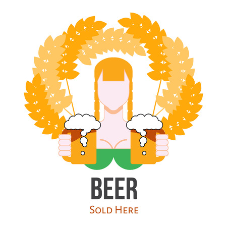 Beer Selling Label Sign, Flat Vector Logo with Girlのイラスト素材