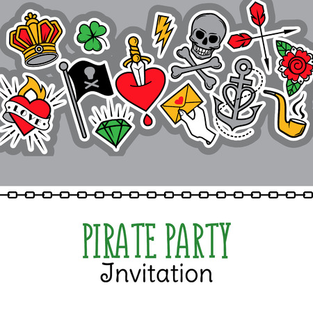 Old school tattoo and pirate life composition. Vector illustration for pirate party invitation and other messages.のイラスト素材