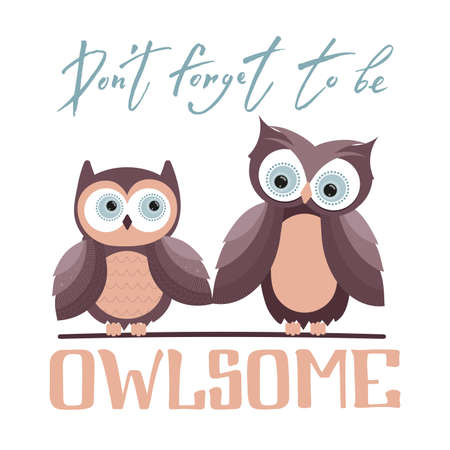 Vector illustration of an owl with a cup of coffee in flat style. Handwritten phrase. Poster, banner, label, or sticker template. EPS10のイラスト素材