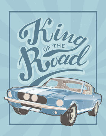 Vector illustration of American retro fastback with lettering King of the Road. Vintage muscle car for speed racing. Poster, label, banner, or flyer template for a retro car company. EPS10のイラスト素材