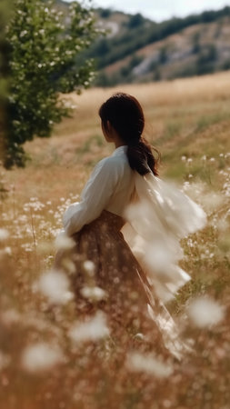 Elegant image of a woman in in elegant dress standing in the field. Captured from the back, the photograph highlights refined fashion and cultural heritage with graceful summer ambianceの素材