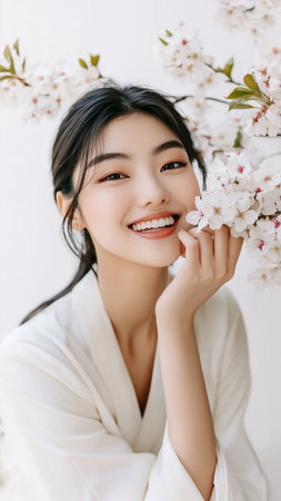 Portrait of a sophisticated asian lady in white dress. Surrounded by spring blossoms, her presence evokes freshness, cultural richness, and timeless elegance.の素材