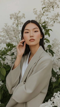 Portrait of a sophisticated asian lady wearing traditional clothes. Surrounded by spring blossoms, her presence evokes freshness, cultural richness, and timeless elegance.の素材