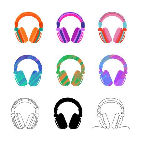 Set of bright headphones in different colors and textures, black silhouette of headphones. Vectorのイラスト素材