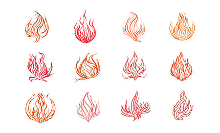 Set of burning flame, fire and bonfire in red, orange and yellow colors. Collection of hot flaming elements. Vector illustrationのイラスト素材