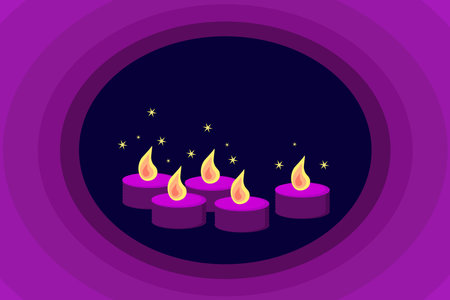 Vector illustration of burning magic candles on a dark violet background. Interior scented candles, fabulous illuminating the space around. House design, spa, for magical books and storiesのイラスト素材