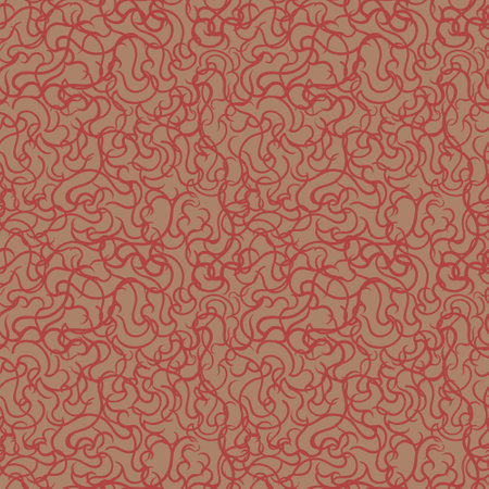 Seamless pattern. Chaotic psychedelic hypnotic pattern with red smoky swirled red stripes on orange backdrop. Vector.のイラスト素材