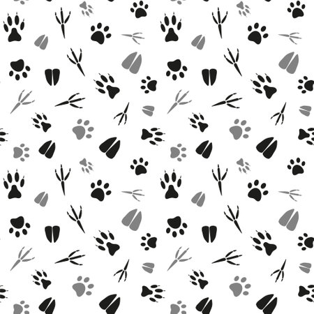 Black and white seamless pattern with traces of various animals and birds. Vector isolated on white for design, print, textile, decoration of a store, stationery, pet store.のイラスト素材