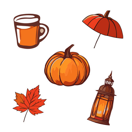 Autumn set in orange colors. Lantern, pumpkin, umbrella, cup, leaf. Fall collection. Elements for design and decoration. Print icons stickers. Isolated vector.のイラスト素材