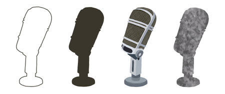 Studio AudioMicrophone, vocal radio equipment. Microphone vector illustration, contour, microphone silhouette, textured microphone. Grey, silver. isolatedのイラスト素材