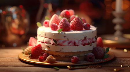 Delicious five layer cake topped with fresh strawberries. Sweets, desserts. AI generatedの素材