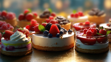 Delicious and colorful cakes with a variety of frostings and fresh fruits on a beautifully set table. Sweets and desserts. AI generatedの素材
