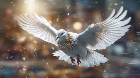 Majestic white bird in flight. A white bird flying through the air with its wings spread. The white dove is the bird of the world. AI generatedの素材