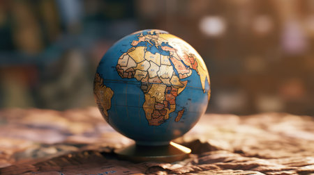 Blue yellow globe on a table. Africa. Desktop decoration, background, geography, planet Earth. AI generatedの素材