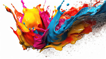 Rainbow paint splash, splashes of paint and ink with drops. Liquid multi-colored paint falls, spills and splatters. White background. Abstraction for design in and print.の素材