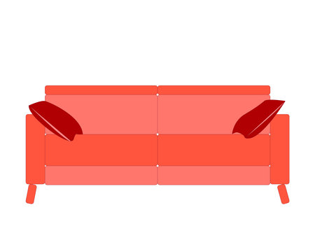 Cozy soft red sofa with pillows. Interior furniture. Design. Simple flat style vector illustration. Isolated on white backgroundのイラスト素材