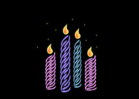 Vector illustration of scented spiral wax candles on a black background. Festive and interior burning candles, creating comfort, illuminating the space around. House design, interior.のイラスト素材