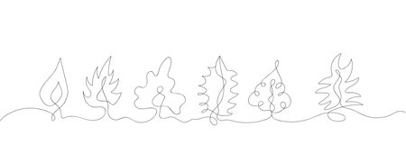 One line drawing of six leaves. Leaves line art style. Vector illustration isolated on white background.のイラスト素材