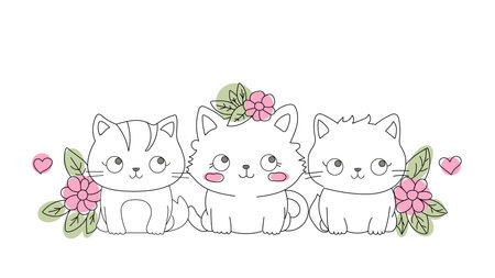 Three cute kittens sitting side by side in the grass and flowers. Black and white lines, toss. Cartoon doodle hand drawing banner vector. Three cats - three best friendsのイラスト素材