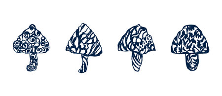 Set of different fabulous mushrooms, hand drawn, isolated on white background. Black indigo silhouette. Vector illustration. Collection of magical plants. Graphic. Tattoo. Design elementsのイラスト素材