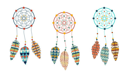 Native American Indian Dream Catchers set. Mandala and feathers. Indian culture. Ethnic spiritual talisman. Spiritualism. Flat boho style. Hipster hippie design print. Vector isolated.のイラスト素材