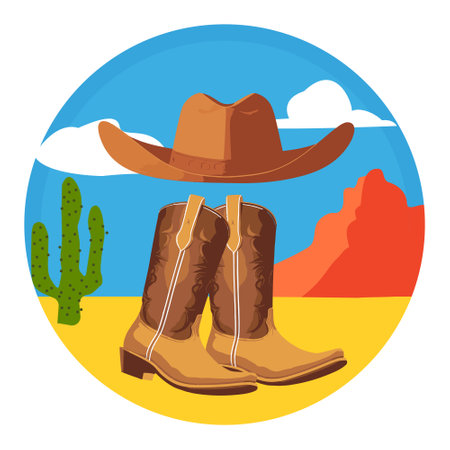 Rodeo. American cowboy boots and hat in a western Arizona desert landscape. Wild west concept. Vintage cowboy print. Isolated vector.のイラスト素材