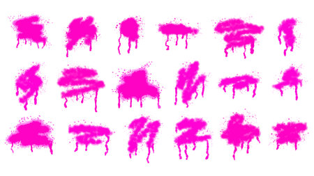 Set of pink-violet ink stains painted with aerosol spray with drops and smudges. Collection of graffiti, street art, stencil, template. Street style. Vector isolated on white.のイラスト素材
