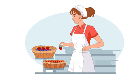 Woman decorates baked homemade fruit pies with strawberries. Girl confectioner cook for cooking...