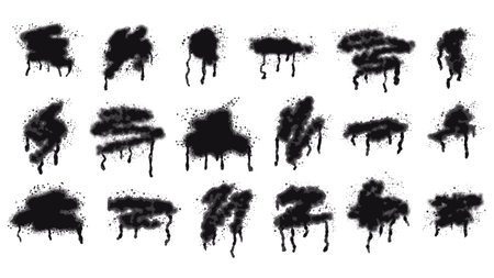 Set of black ink stains painted with aerosol spray with drops and smudges. Collection of graffiti, street art, stencil, template. Street style. Vector isolated on white.&#xD;&#xA;のイラスト素材