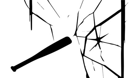 Vandalism, hooliganism. A baseball bat breaks a glass window, the window cracks. Street crime, aggression, damage, robbery. Vector. Silhouette. Black and white drawing.のイラスト素材