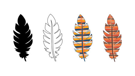 Tribal ethnic bright feathers of Indians. Stylized bird feathers. Color, outline, silhouette. Vector isolated. Native American culture. Decorative elements in boho style. Hippie. Scrapbooking.のイラスト素材