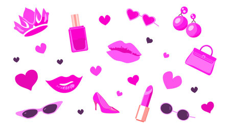 Glamorous trendy pink set. Pink fashion doll accessories. Doll collection for girls. Isolated vector. Crown, perfume, lipstick, lips, kiss, purse, sunglasses, earrings high heels heartsのイラスト素材