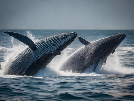 Two large whales jump out of the water. Marine mammals, cetaceans. Ecotourism and observation of wild animals in their natural environment. Conservation of endangered species.の素材